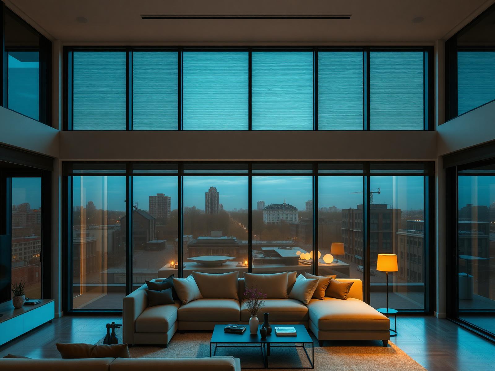 Sala com película fumê ao entardecer