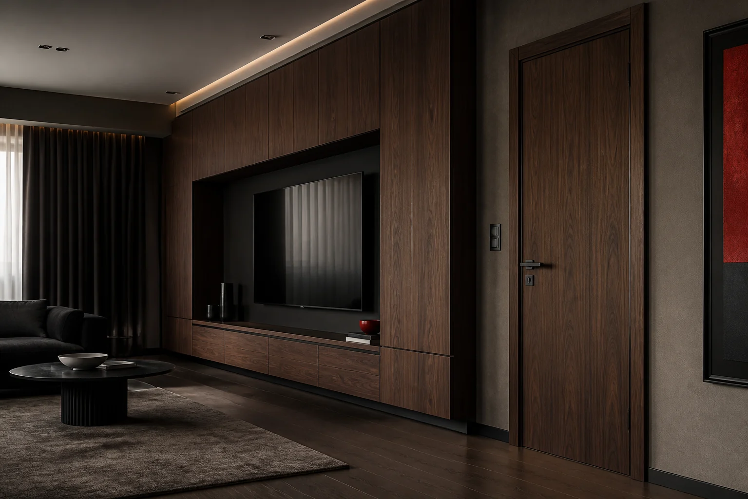 Sala contemporânea com móvel e porta em acabamento amadeirado