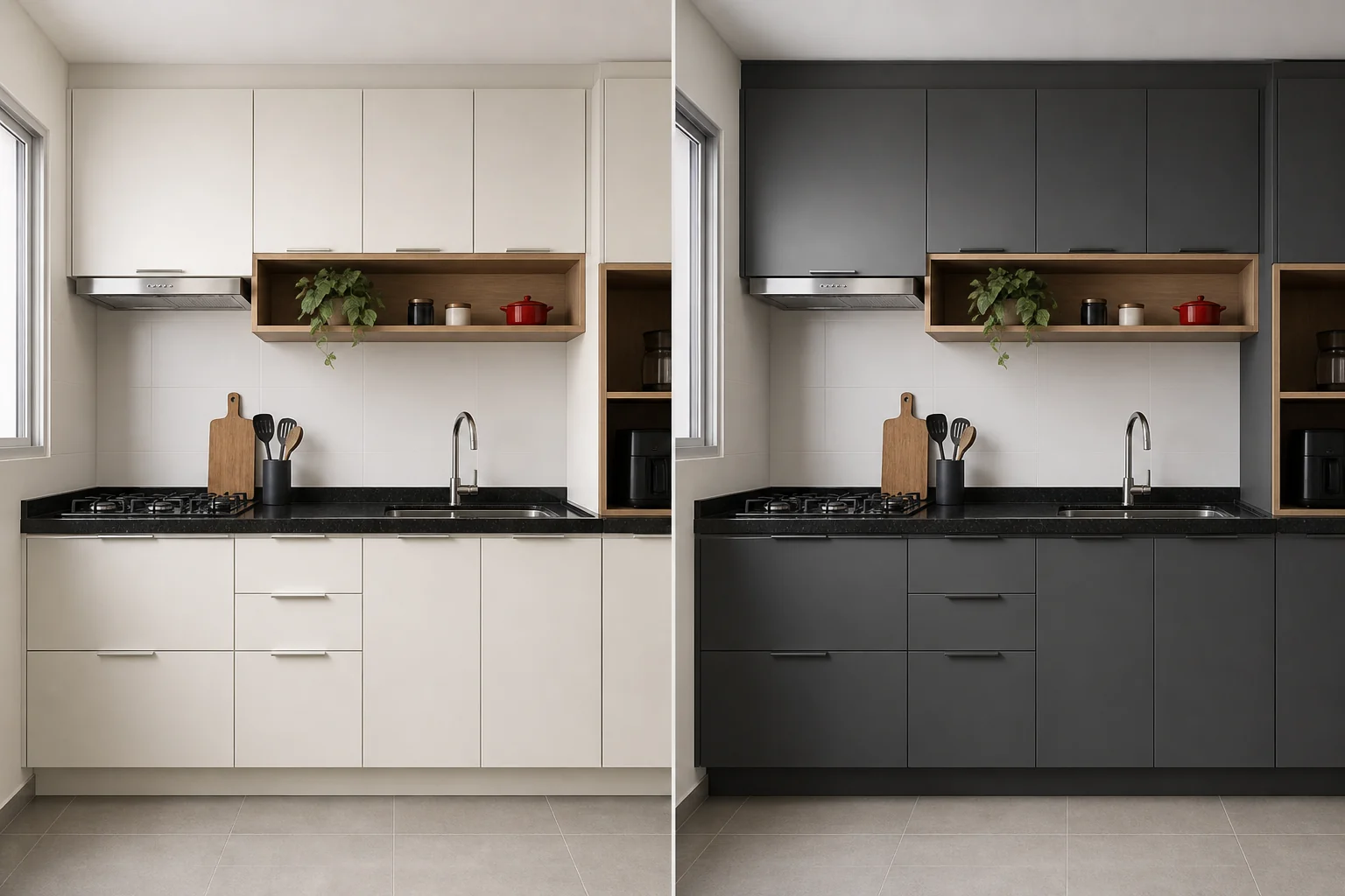 Simulação visual de antes e depois — Cozinha